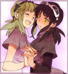  2girls alternate_color black_hair blush commentary_request dual_persona green_hair gumi holding_hands interlocked_fingers mosaic_roll_(vocaloid) multiple_girls orange_eyes short_hair smile vocaloid yuma_(zero) 