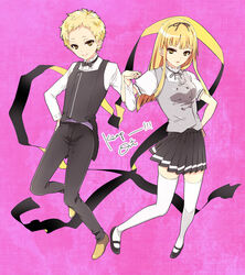  1boy blonde_hair commentary_request crossdressing dual_persona female holding_hands interlocked_fingers kiriki_liszt legs ookami-san otoko_no_ko photoshop_(medium) school_uniform takanashi_beniko thighhighs wig 