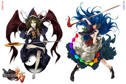  2girls blue_hair boots commentary_request food fruit green_eyes green_hair guilty_gear hat highres hinanawi_tenshi johnny_(guilty_gear) long_hair mima_(touhou) multiple_girls parody peach photoshop_(medium) red_eyes robo-ky staff style_parody sword sword_of_hisou touhou touhou_(pc-98) weapon wings wizard_hat yin_yang yuukou 