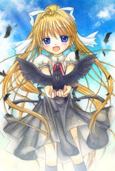  air_(visual_novel) bad_id bad_pixiv_id bird blonde_hair blue_eyes commentary_request crow feathers female hinokami_sakura kamio_misuzu long_hair photoshop_(medium) ponytail school_uniform solo sora_(air) very_long_hair 