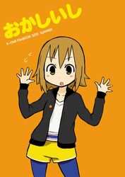  :o alternate_hairstyle blue_pantyhose blush_stickers brown_eyes brown_hair casual commentary_request female hair_down hizaki_ryuuta jacket k-on! no_thank_you!_(k-on!) pantyhose short_hair solo tainaka_ritsu 