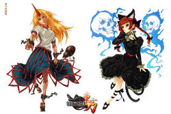  2girls animal_ears blonde_hair braid cat_ears cat_tail commentary_request cuffs dizzy_(guilty_gear) geta gourd guilty_gear hair_ribbon highres hitodama horns hoshiguma_yuugi kaenbyou_rin long_hair long_skirt multiple_girls multiple_tails photoshop_(medium) potemkin_(guilty_gear) red_eyes red_hair ribbon sandals single_horn skirt skull tail touhou twin_braids twintails yuukou 