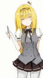  1boy bad_id bad_pixiv_id blonde_hair closed_eyes crossdressing jl kiriki_liszt male_focus ookami-san otoko_no_ko pantyhose pen school_uniform solo 