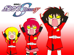  2boys azumanga_daiou bonklers female gundam gundam_seed gundam_seed_destiny lunamaria_hawke multiple_boys parody shinn_asuka soramimi_cake 