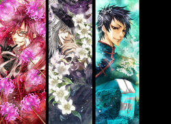  3boys \m/ black_hair brown_eyes chinese_clothes commentary_request dragon_print flower gloves green_eyes grell_sutcliff grin hat kuroshitsuji lau lee_sun_young lily_(flower) long_hair mandarin_collar multiple_boys photoshop_(medium) pink_flower red_flower red_hair silver_hair skull smile spider_lily undertaker_(kuroshitsuji) white_flower yellow_eyes 