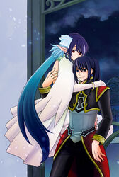  1boy alternate_costume asaki_yukia black_eyes black_hair blue_hair commentary_request couple dress elf female gloves hug judith_(draconic_lancer)_(tales) judith_(tales) long_hair official_alternate_costume pointy_ears ponytail red_eyes straight tales_of_(series) tales_of_vesperia yuri_lowell yuri_lowell_(true_knight) 