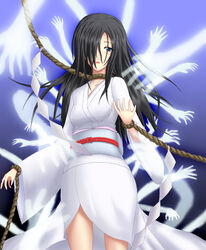  black_hair blue_eyes commentary_request fatal_frame fatal_frame_1 female ghost hair_over_one_eye himuro_kirie japanese_clothes kimono long_hair right-over-left_kimono rope shimenawa solo spirit taira_shihito white_kimono 