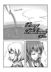  2girls bad_id bad_pixiv_id english_text ex_hien greyscale kochiya_sanae monochrome moriya_suwako multiple_girls photoshop_(medium) tea teapot touhou 