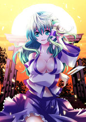  bad_id bad_pixiv_id breasts detached_sleeves female frog gohei green_eyes green_hair hair_ornament kochiya_sanae large_breasts long_hair photoshop_(medium) snake solo touhou yyukke 