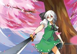  black_hairband cherry_blossoms commentary_request dress dual_wielding female flower grey_hair hair_ribbon hairband highres holding konpaku_youmu orokanahime petals red_eyes ribbon solo sword touhou tree weapon 