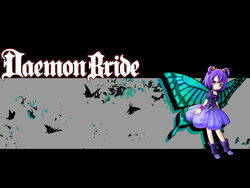  boots bug butterfly butterfly_wings daemon_bride female insect_wings photoshop_(medium) purple_hair shiffion short_hair short_twintails skirt smile solo twintails wings wristband yellow_eyes 