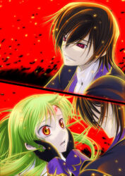  1boy black_hair c.c. code_geass commentary_request female geass green_hair grey_eyes hidari_ise lelouch_vi_britannia long_hair tears yellow_eyes 