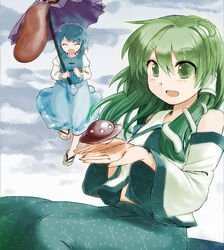  2girls ariori_haberi bad_id bad_pixiv_id blue_hair closed_eyes detached_sleeves frog green_eyes green_hair hair_ornament kochiya_sanae long_hair multiple_girls open_hands photoshop_(medium) purple_umbrella short_hair tatara_kogasa tongue touhou ufo umbrella 