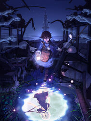  1boy artist_request bag different_reflection female flashlight fragile:_sayonara_tsuki_no_haikyo full_moon ghost glowing golf_club hands highres moon night official_art reflection ren_(fragile) seto_(fragile) short_hair tower water 