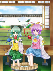  2girls aqua_hair bad_id bad_pixiv_id bow bucket cosplay detached_sleeves food fruit green_eyes hairbow hakurei_reimu hakurei_reimu_(cosplay) heart komeiji_koishi komeiji_satori multiple_girls popsicle purple_eyes purple_hair tomcho touhou water watermelon 