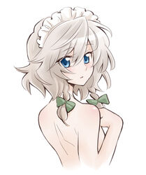  arata_iri back blue_eyes braid breasts female from_behind hand_on_own_chest izayoi_sakuya looking_back maid_headdress medium_breasts nude short_hair simple_background solo touhou twin_braids white_hair 