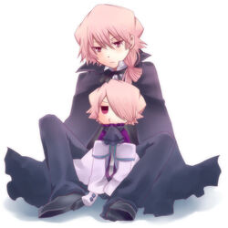  2boys bad_id bad_pixiv_id boots cape chibi dual_persona formal hair_over_one_eye kevin_regnard long_hair male_focus multiple_boys pandora_hearts photoshop_(medium) pink_eyes pink_hair ribbon sitting tia_(cocorosso) xerxes_break 