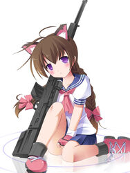  ahoge animal_ears bow braid brown_hair cat_ears commentary_request female gun hairbow long_hair masaki_(machisora) millie_(paper_man) paper_man purple_eyes rifle school_uniform serafuku skirt solo twin_braids weapon 