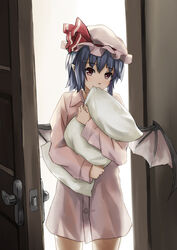  backlighting bad_id bad_pixiv_id bat_wings biting blue_hair bottomless female hat hugging_object no_pants photoshop_(medium) pillow pillow_bite pillow_hug pointy_ears red_eyes remilia_scarlet short_hair solo standing touhou wings xiao_qiang_(overseas) 