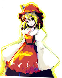  aki_minoriko apron black_eyes black_skirt blonde_hair eyebrows female hat long_sleeves orange_apron orange_hat puffy_sleeves shirt short_hair skirt sleeves_past_wrists solo takanashi_akihito touhou white_background white_shirt 