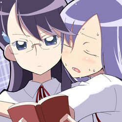  2girls blue_background blue_eyes blush book closed_eyes closed_mouth collared_shirt commentary_request couple facing_another glasses heartcatch_precure! holding holding_book hug hyuuga_takashi kurumi_momoka looking_at_viewer lowres md5_mismatch multiple_girls neck_ribbon open_book open_mouth photoshop_(medium) plaid plaid_background precure purple_hair reading rectangular_eyewear ribbon rimless_eyewear serious shirt short_sleeves sweat tsukikage_yuri upper_body white_shirt yuri 