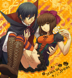  1boy bad_id bad_pixiv_id black_hair brown_eyes brown_hair candy carrying female food hair_ribbon halloween lollipop orange_background panties pantyshot persona persona_1 polka_dot polka_dot_panties princess_carry ribbon sonomura_maki swirl_lollipop tenchi11 thighhighs toudou_naoya trick_or_treat underwear 