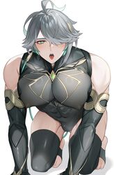  1boy abs alhaitham_(genshin_impact) alpaitham aqua_eyes black_shirt black_thighhighs blush bulge feet genshin_impact grey_hair hair_between_eyes hair_over_one_eye highres looking_at_viewer male_focus multicolored_hair muscular muscular_male nipples open_mouth shirt short_hair solo thighhighs toes tongue tongue_out white_background 