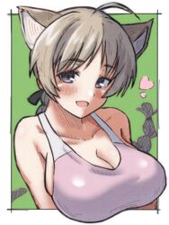  absurdres ahoge animal_ears blush braid breasts cat_ears cat_girl cleavage collarbone female green_background heart highres huge_breasts light_brown_hair long_hair looking_at_viewer lynette_bishop open_mouth purple_eyes simple_background smile solo sports_bra strike_witches tama_kitsune world_witches_series 