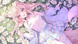  alllisso animal_ear_fluff animal_ears aqua_eyes blonde_hair blue_nails blue_skirt bone_hair_ornament braid breasts charmies_(vtuber) commission daisy dog_ears dog_girl eyelashes female flower gold_collar grass hair_ornament highres indie_virtual_youtuber jacket lying meadow multicolored_clothes multicolored_skirt off_shoulder on_back open_mouth purple_jacket shirt skirt solo teeth thighhighs twin_braids upper_teeth_only virtual_youtuber white_flower white_shirt white_skirt white_thighhighs yellow_skirt zettai_ryouiki 