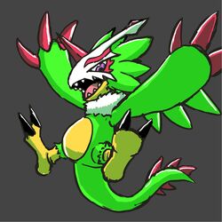  anthro avian bandai_namco beak bird claws digimon digimon_(species) digimon_liberator feathers feet flying green_body green_feathers hi_res male mask mekadouraku pteromon solo talons teeth toes toothed_beak wings 