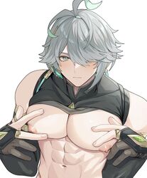  1boy abs alhaitham_(genshin_impact) alpaitham aqua_eyes black_gloves black_shirt black_sleeves blush closed_mouth fingerless_gloves genshin_impact gloves grey_hair hair_between_eyes hair_over_one_eye highres looking_at_viewer male_focus multicolored_hair muscular muscular_male nipples open_clothes open_shirt shirt short_hair solo white_background 