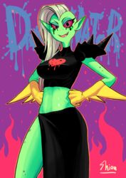  2018 alien alien_humanoid big_breasts bottomwear breasts clothed clothing disney eyebrows eyelashes female fingers freckles gloves green_body green_skin hair handwear hi_res humanoid humanoid_pointy_ears long_hair looking_at_viewer lord_dominator midriff noseless not_furry open_mouth portrait red_sclera shion_humine signature solo standing teeth three-quarter_portrait tongue topwear wander_over_yonder white_hair 