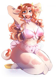  2022 anthro big_breasts bovid bovine breasts cattle cleavage clothed clothing female female_anthro ferwanwan hi_res hooves horn kneeling lingerie mammal navel pink_clothing pink_lingerie pink_theme shaded simple_background skimpy smile solo tail tail_tuft tuft watermark white_background 