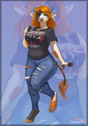  anthro big_breasts blowup_background bottomwear bovid bovine breasts carduelis cattle clothed clothing curvy_figure denim denim_bottomwear denim_clothing female fully_clothed hair hi_res hooves jeans mammal multicolored_body pants red_hair shirt simple_background solo t-shirt topwear 