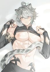  1boy abs alhaitham_(genshin_impact) alpaitham animal_ears aqua_eyes black_pants black_shirt closed_mouth fingerless_gloves genshin_impact gloves grey_hair grey_tail hair_between_eyes hair_over_one_eye highres looking_at_viewer male_focus multicolored_hair muscular muscular_male navel nipples pants shirt short_hair solo stomach tail tiger_ears tiger_tail white_background 