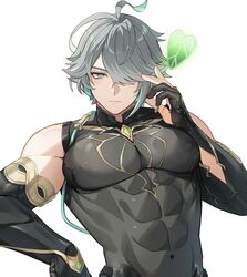  1boy abs alhaitham_(genshin_impact) alpaitham aqua_eyes black_gloves black_shirt black_sleeves closed_mouth earrings fingerless_gloves genshin_impact gloves grey_hair hair_between_eyes hair_over_one_eye highres jewelry looking_at_viewer male_focus multicolored_hair muscular muscular_male navel shirt short_hair solo white_background 