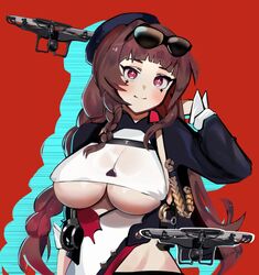  absurdres ahomushi994 bikini blunt_bangs blush braid breasts brown_hair cleavage closed_mouth drone english_commentary eyewear_on_head facial_mark facial_tattoo female girls&#039;_frontline goggles gun hair_ornament headgear highres jacket large_breasts long_hair long_sleeves pink_eyes red_background rex_zero_1_(girls&#039;_frontline) rex_zero_1_(mod3)_(girls&#039;_frontline) self-upload sidelocks simple_background smile solo sunglasses swimsuit tattoo twin_braids underboob upper_body very_long_hair weapon 