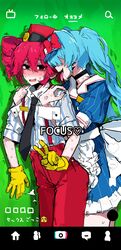  2girls absurdres anger_vein apron backdrop bent_v black_choker blue_dress blue_hair blue_shirt blush bow brown_eyes choker commentary_request cowboy_shot dress dry_humping emoji empty_eyes faceless faceless_female green_screen hair_between_eyes hair_over_eyes hat hat_bow hatsune_miku highres hug hug_from_behind humping kasane_teto long_bangs long_hair looking_at_viewer mekyokyopon mesmerizer_(vocaloid) multiple_girls nose_blush open_mouth pants pink_hair puffy_short_sleeves puffy_sleeves red_bow red_hat red_pants shako_cap sharp_teeth shirt short_hair short_sleeves smile striped_clothes striped_shirt suspenders teeth tiktok tongue tongue_out translation_request twintails visor_cap vocaloid waist_apron white_apron white_shirt wrist_cuffs yuri 