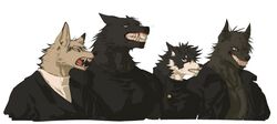  4boys absurdres animal_ears black_fur black_jacket blue_eyes body_fur brown_fur collared_jacket dog_boy dog_ears ear_piercing english_commentary fox_boy fox_ears furrification furry furry_male fushiguro_megumi fushiguro_touji grey_eyes grin high_collar highres iba_(kcokaine) jacket jujutsu_kaisen lip_piercing looking_at_viewer male_focus multiple_boys muscular muscular_male open_clothes open_jacket open_mouth original piercing red_eyes scar scar_on_face scar_on_mouth sharp_teeth simple_background skin_tight smile teeth toned toned_male upper_body white_background wolf_boy wolf_ears zen&#039;in_naoya 