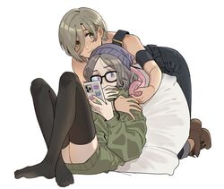  2girls armband black_overalls black_thighhighs bracelet brown_footwear cellphone closed_mouth commentary dark-skinned_female dark_skin ebizuka_tomo english_commentary girls_band_cry glasses green_hoodie grey_hair headphones highres holding holding_phone hood hoodie jewelry long_sleeves looking_at_viewer medium_hair multiple_girls overalls phone red_eyes rupa_(girls_band_cry) short_hair simple_background sitting smartphone smile thighhighs toes tuxiaoning_not white_background yuri 