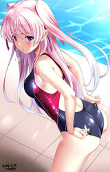  adjusting_clothes adjusting_swimsuit ass blush breasts commentary_request competition_swimsuit covered_navel dated female iris_mysteria! long_hair looking_at_viewer miyaguni_akari one-piece_swimsuit outdoors pool pout puff_of_air solo swimsuit tsuchimiya 