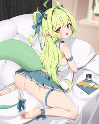  absurdres ahoge ankle_belt arm_belt artist_request ass bad_id barefoot belt blurry blurry_background blush body_pillow bow breasts cellphone commission couch dragon_girl dragon_horns dragon_tail earbuds earbuds_charging_case earphones female garam_(ryeoubi) green_belt green_bow green_hair green_horns green_skirt green_tail hairbow highres horns huge_ahoge hugging_object indoors korean_commentary large_breasts long_hair looking_at_viewer lying oerba_yun_fang on_couch on_stomach open_mouth original panties phone pillow pillow_hug pleated_skirt pointy_ears red_eyes second-party_source shirt skin_fang skirt sleeveless sleeveless_shirt small_horns smartphone smile soles solo tail tail_bow tail_ornament thigh_strap underwear white_panties white_shirt 