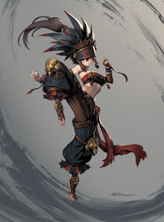  absurdres baggy_pants bandana bare_shoulders black_feathers black_pants breasts brown_pants collarbone dynamic_pose elbow_gloves english_commentary facepaint feathers feet female fighting_stance fingerless_gloves fingernails glaring gloves gradient_background grey_background hair_between_eyes hair_flowing_over hair_ornament hat_feather highres jinseokchoi kicking knee_pads long_bangs long_fingernails long_hair long_legs long_toenails looking_at_viewer midriff native_american_clothes navel original pale_skin pants parted_lips red_bandana red_eyes red_facepaint red_feathers ribs sharp_fingernails sharp_toenails skinny small_breasts solo spiked_hair stirrup_legwear teeth tiptoes toeless_legwear toenails toes toned toned_female two-tone_pants unworn_bandana wind 