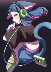  2023 animal_humanoid belt blue_hair cat_humanoid clothing crop_top electronics felid felid_humanoid feline feline_humanoid female footwear green_clothing green_eyes green_footwear green_headphones green_shoes hair headphones hi_res humanoid inner_ear_fluff kung-fu_piggy_one madara_jyan mammal mammal_humanoid multicolored_hair pink_belt shirt shoes topwear tuft two_tone_hair 