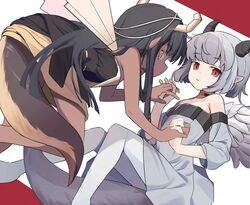  2girls black_dress black_hair black_horns blunt_bangs bob_cut choker closed_mouth commentary_request dark-skinned_female dark_skin dress expressionless feet_out_of_frame flat_chest grey_dress grey_hair highres hime_cut holding_hands horns kuu_the_silver_dragon lizard_tail long_hair looking_at_viewer ma40414 medium_bangs multiple_girls off-shoulder_dress off_shoulder open_mouth pantyhose pi_the_golden_dragon pointy_ears rabbit_and_steel red_background red_choker red_eyes short_hair slit_pupils strapless tail two-tone_background white_background white_pantyhose yellow_eyes 