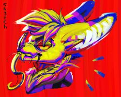  absurd_res anthro bat goo_(disambiguation) hi_res icon male mammal paint painting painting_(artwork) popart portrait red_background simple_background sketchotterly slime smile smiling_at_viewer smirk smirking_at_viewer solo surreal teeth tongue tongue_out 