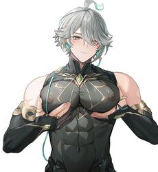  1boy abs alhaitham_(genshin_impact) alpaitham aqua_eyes black_gloves black_shirt black_sleeves blush closed_mouth earrings fingerless_gloves genshin_impact gloves grey_hair hair_between_eyes hair_over_one_eye highres jewelry looking_at_viewer male_focus multicolored_hair muscular muscular_male navel nipples shirt short_hair solo white_background 