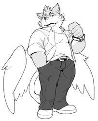  anthro belt domestic_cat felid feline felis lifewonders line_art male mammal one_eye_closed open_mouth samoi_chan simple_background sitri_(tas) smile solo standing tokyo_afterschool_summoners white_background wings wink wristband 