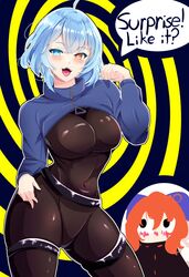  2girls absurdres ahoge akatsuki_records alternate_costume black_background blue_eyes blue_hair blush bodysuit breasts covered_navel english_text ginari heterochromia highres large_breasts latex latex_bodysuit long_sleeves multiple_girls open_mouth red_eyes red_hair rock_&#039;n&#039;_rock_&#039;n&#039;_beat sekibanki sharp_teeth short_hair solo_focus speech_bubble tatara_kogasa teeth touhou two-tone_background upper_teeth_only yellow_background 