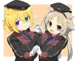  2girls :3 black_eyes black_hairband black_hat black_jacket black_necktie blonde_hair blush breast_press breasts closed_mouth collared_shirt commentary_request gloves green_eyes hair_between_eyes hairband hat heart heterochromia holding_hands ibuki_(senran_kagura) indian_style interlocked_fingers jacket large_breasts lets0020 light_brown_hair long_bangs long_hair looking_at_viewer low_twintails medium_bangs messy_hair military_hat military_uniform multiple_girls necktie open_mouth purple_eyes purple_shirt ryouna_(senran_kagura) senran_kagura shirt short_hair sitting smile symmetrical_docking twintails uniform upper_body white_gloves 